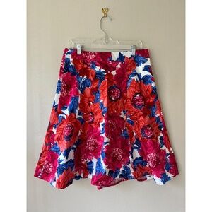 Talbots Red Blue Floral A Line Midi Skirt Side Pockets Zip Closure Summer Size M